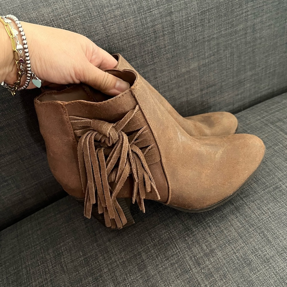 Fergalicious Fringe Boho Suede Boot Tassel Bow Wedge Heel Bootie Western Country